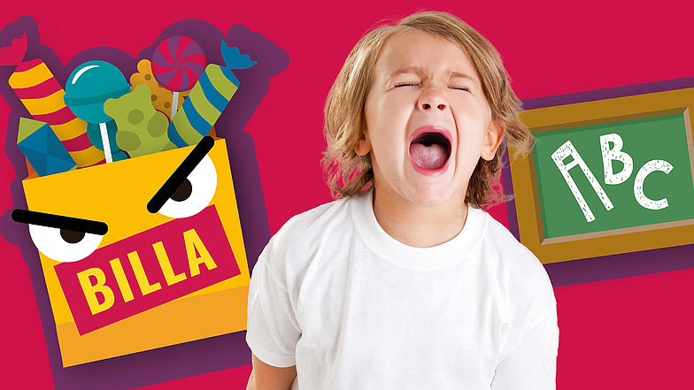Schreiendes Kind wegen Kindermarketing zum Schulstart