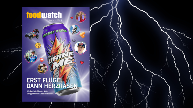 Collage aus dem Cover des Energydrink-Reports zu Kindermarketing auf dunklem Hintergrund mit Blitzen