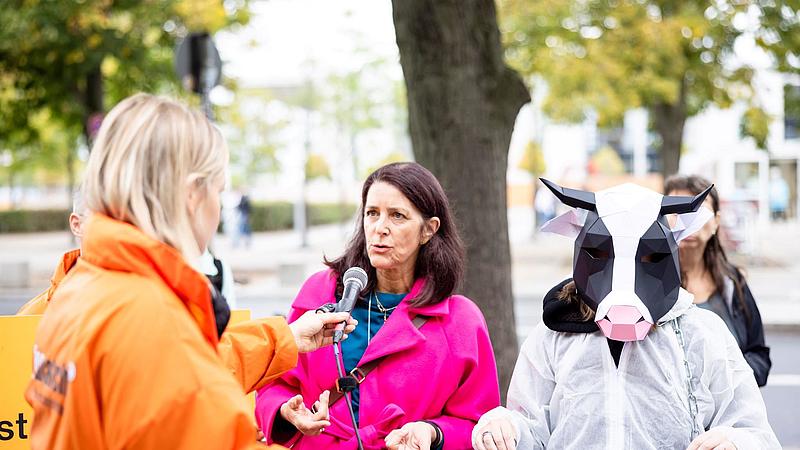 Eine Frau im pinken Mantel spricht während des Protests in ein Mikrofon. Neben ihr steht eine Person, die eine Kuhmaske trägt, und eine Aktivistin in einer orangen Foodwatch-Jacke interviewt sie.