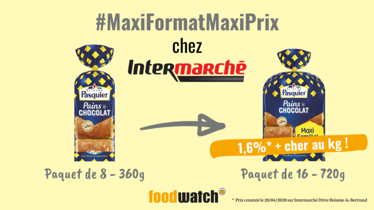 Pains au chocolat au levain, Brioche Pasquier : 1,58 € (4,39 €/kg) en version 360 g vs 3,21 € (4,46 €/kg) en version maxi familial 720 g chez Intermarché Boissise-la-Bertrand (77350). Une augmentation de 1,6 % au kilo !