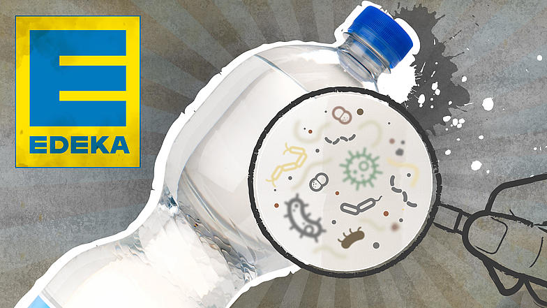 Illustration: Links das EDEKA-Logo, daneben eine schräg liegende Plastik-Wasserflasche; eine Hand hält eine Lupe, die im Flascheninneren stilisierte Keime und Bakterien sichtbar macht.