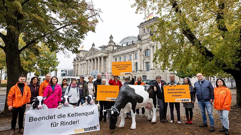 Eine größere Gruppe von Foodwatch-Aktivisten, einige in orangen Jacken, versammelt sich vor dem deutschen Bundestag. Sie halten Schilder, darunter eines mit der Aufschrift: "Beendet die Kettenqual für Rinder!" Im Vordergrund steht eine große Kuhfigur.