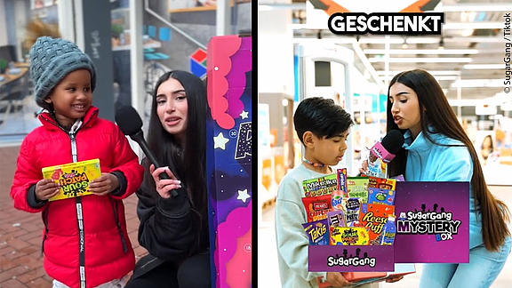 Influencerin schenkt zwei jungen Kindern kostenlose Extreme Candies, sehr saure oder süße Süßigkeiten