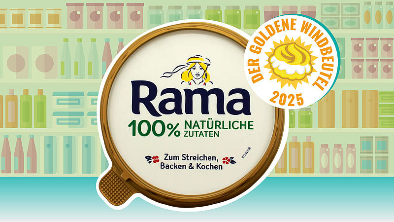 Deckel einer Rama-Margarine mit goldenem Rand, Aufdruck „Rama – 100 % natürliche Zutaten“ und Markenfigur; rechts oben überlappt das Siegel „Der Goldene Windbeutel 2025“. Dahinter eine pastellfarbene Regal-Grafik.