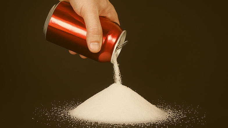 Das Bild zeigt eine Hand, die eine rote Cola-Dose auskippt, aus der Zucker rieselt.