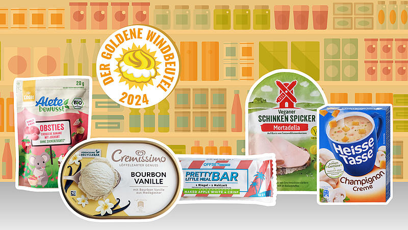 Die Produkte des Goldenen Windbeutel, dem Preis für die dreisteste Werbelüge des Jahres: Alete bewusst Obsties, Lagnese Cremissimo Bourbon Vanille, Offset Nutrition Pretty Little Meal Bar, Veganer Schinkenspicker von Rügenwalder Mühle und Heisse Tasse Champignon Creme.