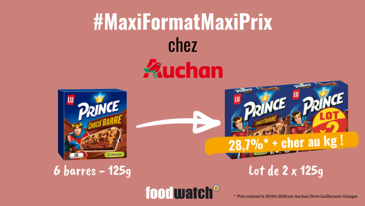 Choco’Barre 3 céréales, Prince de LU : 1,55 € (12,40 €/kg) en version 125 g vs 3,99 € (15,96 €/kg) en version 2 x 125 g (lot de deux paquets) chez Auchan Guilherand-Granges Valence (07500). Une augmentation de 28,7% au kilo !