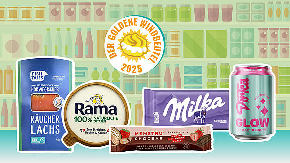Fünf nominierte Produkte vor einer Grafik mit Supermarktregalen: links Packung „Fish Tales Räucherlachs“, mittig Rama-Deckel, Milka Alpenmilch-Tafel und „Menstru Chocbar“, rechts DirTea-Dose; über allen das runde Siegel „Der Goldene Windbeutel 2025“.