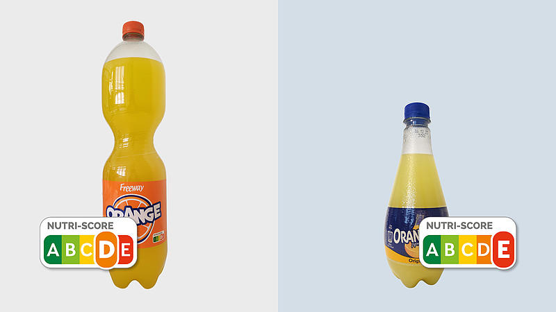 Freeway Orangenlimonade und Orangina Limonade mit ihren unterschiedlichen Nutriscores auf hellem Grund