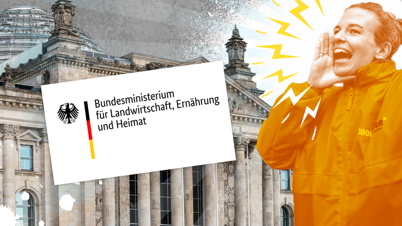 Montage: Reichstag, Schild ‚Bundesministerium für Ernährung und Landwirtschaft‘; rechts ruft orange gekleidete Person.