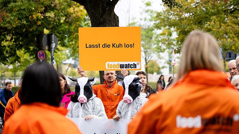 Aktivisten von Foodwatch, gekleidet in orangefarbene Jacken, stehen bei einem Protest. Zwei Personen tragen geometrische Kuhmasken und halten ein Banner. Eine weitere Person in einer orangefarbenen Jacke hält ein Schild mit der Aufschrift: 'Lasst die Kuh los!' hoch. Der Protest findet im Freien unter Bäumen statt.