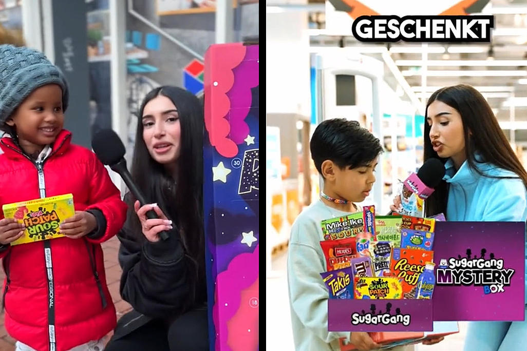 Zweiteiliger Screenshot eines TikTok-Videos. Links hält ein kleines Kind mit roter Jacke eine Packung „Sour Patch Kids“ in die Kamera. Daneben eine Influencerin mit Mikrofon. Rechts ein weiteres Kind mit einer großen Box voller bunter Marken-Süßigkeiten, beschriftet mit „SugarGang Mystery Box“.