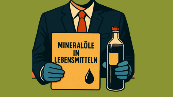 Illustration von Person im Anzug, die mit Handschuhen eine Flasche Öl und ein Schild mit der Beschriftung Mineralöle in Lebensmitteln hält